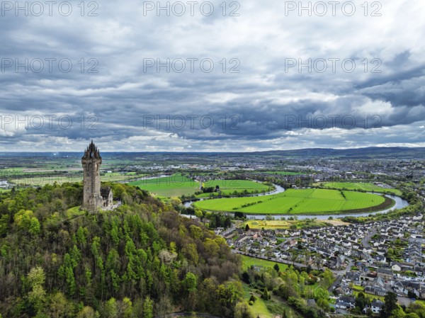 The National Wallace Monument or William Wallance Monument from a drone, Stirling, Scotland,