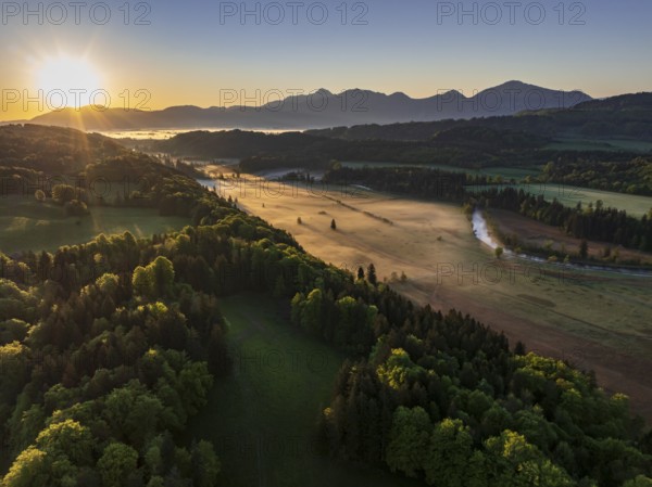 Aerial view, trees, forest, meadow, light green leaves, morning light, fog, mountains, sunny,