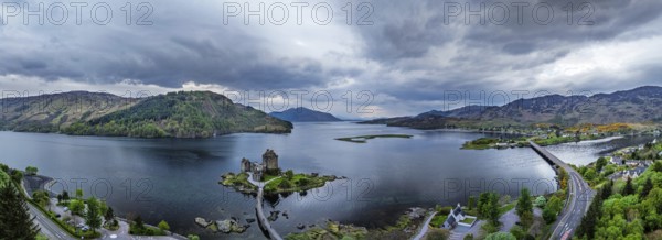 Panorama of Eilean Donan Castle and Loch Duich from a drone, Isle of Skye, Highlands, Scotland,