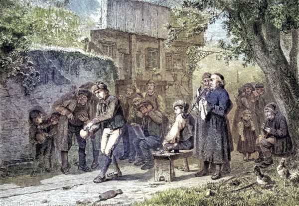 Bowling alley, Bowling on a sand alley at the church fair, Bavaria, Germany, coloured woodcut from