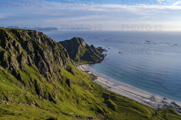 View of picturesque coastal landscape, Høyvika beach and sea, hike to the summit of Måtind, Andøya