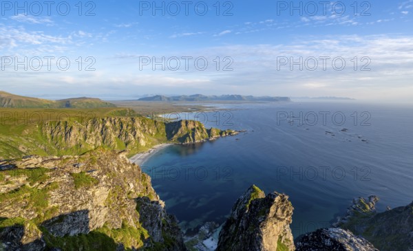 View from the summit of Måtind or Måtinden, view of picturesque coastal landscape, Høyvika beach