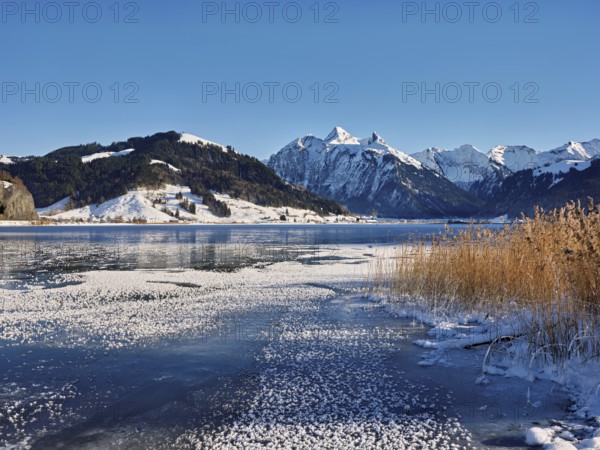 Frozen Sihlsee, reservoir, behind the snow-covered mountains Flübrig and Druesberg, Euthal, Canton