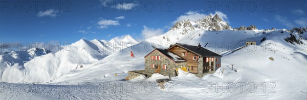 SAC Alpine Club hut in winter, Chamanna d'Es-cha, Pitz Blaisun, Albula Alps, Grisons, Switzerland,