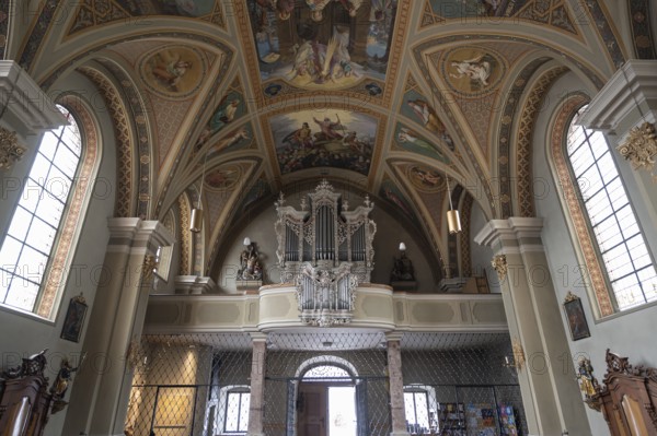 Organ loft of the parish church Mariä Himmelfahrt, Thaur, district Innsbruck, Tyrol, Austria,