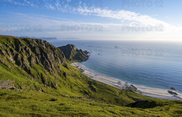 View of picturesque coastal landscape, Høyvika beach and sea, hike to the summit of Måtind, Andøya