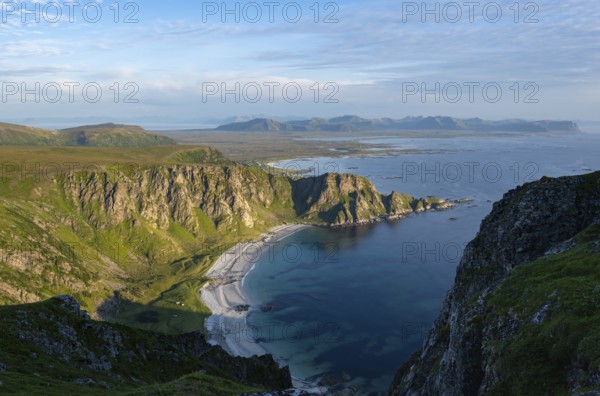 View from the summit of Måtind or Måtinden, view of picturesque coastal landscape, Høyvika beach
