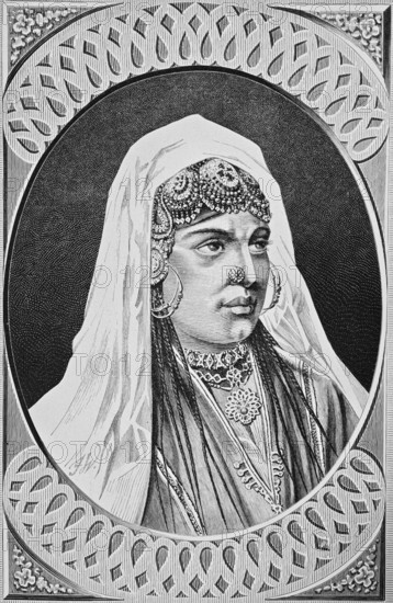 Portrait of a young woman from Kashmir, serious look, precious jewellery, necklace, diadem, nose
