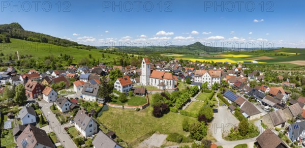 Aerial view, panorama, view of the municipality of Weiterdingen in Hegau with the church of St