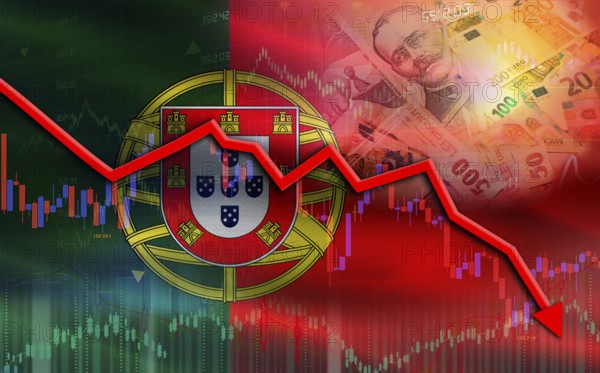 Portugal financial fall on economy market. Portugal financial crisis on economic graph