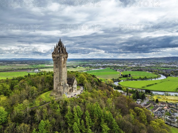 The National Wallace Monument or William Wallance Monument from a drone, Stirling, Scotland,