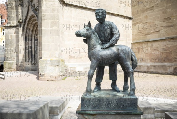 Figure on the horse fountain by Herbert Blaschke next to St Servatius Church, Duderstadt, Lower
