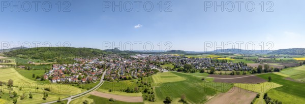 Aerial view, panorama, view of the municipality of Gottmadingen in Hegau, on the horizon the Hegau