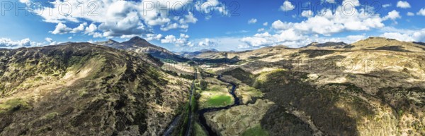 Panorama of Farms and Mountains over River Dochart and Road A85 from a drone, Perthshire, Scotland,