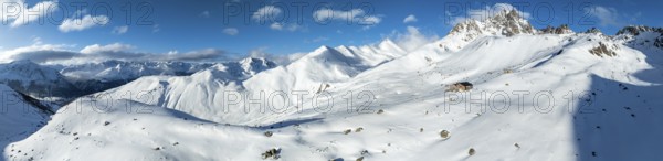 Alpine panorama, aerial view, Alpine Club hut of the SAC in winter, Chamanna d'Es-cha, Pitz
