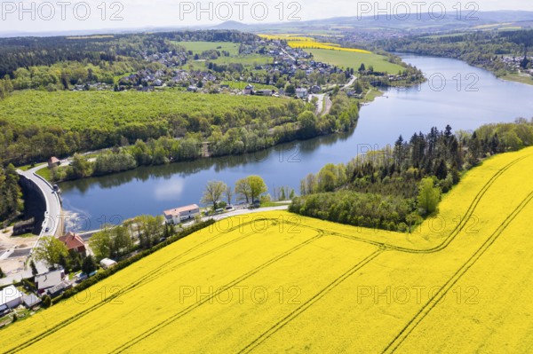 Malter dam and village, in the background the town of Dippoldiswalde and Luchberg, Erzgebirge,