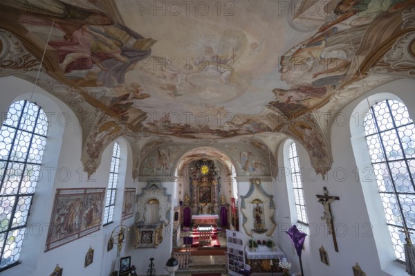 View from the organ loft onto the church interior and altar with Lenten cloth, St Laurentius and