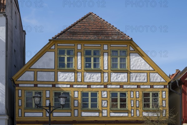 Restored gable of a half-timbered house, Waren, Müritz, Mecklenburg Lake District, Mecklenburg,