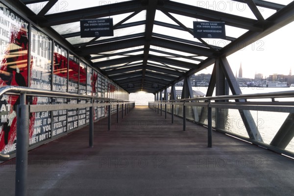 Glass-roofed bridge with a view of the city in the background, The Lion King, Hamburg, Germany,