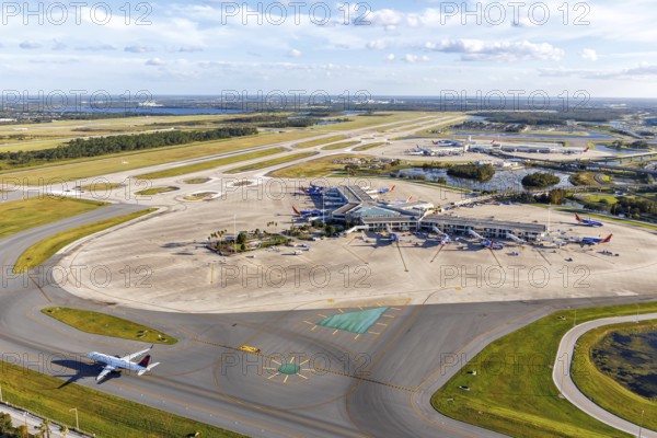 Aerial view of Orlando International Airport with terminal Southwest Airlines Concourse Airside 2