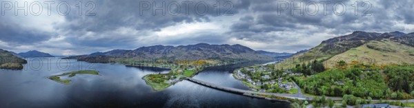 Panorama of Loch Long Bridge or Dornie New Bridge from a drone, Loch Long River, Highlands,