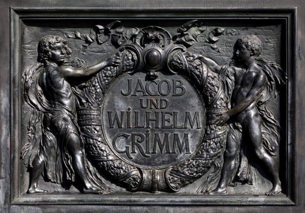 Bronze plaque, relief with inscription, National Monument Brothers Jakob and Wilhelm Grimm,