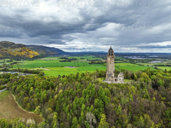The National Wallace Monument or William Wallance Monument from a drone, Stirling, Scotland,