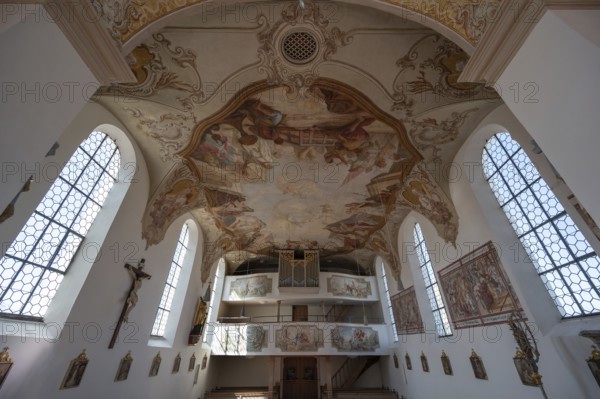 Organ loft and ceiling frescoes of St Laurentius and Agatha Church, Frankenhofen, Kaltental,