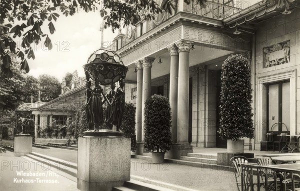 Historical postcard, picture postcard, terrace of the spa hotel, Wiesbaden, Hesse, Germany,