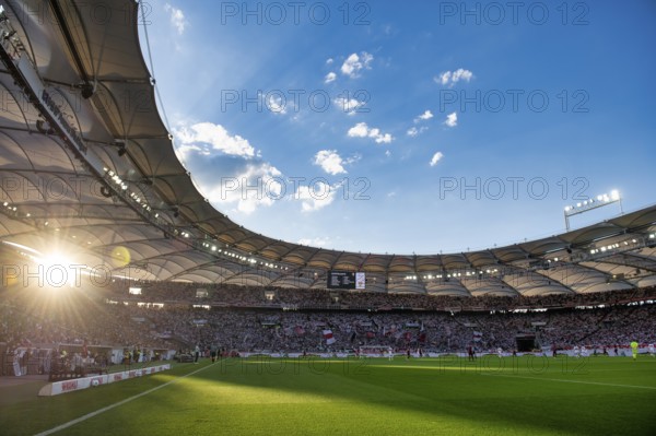 Long shot, overview, main stand, Cannstatter Kurve, evening sun, evening, atmospheric, flooded with