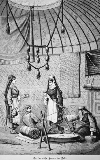 Turkmen family in tent, four woman in portrait, playing stringed instrument, preparing tea, tray