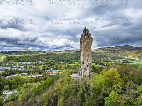 The National Wallace Monument or William Wallance Monument from a drone, Stirling, Scotland,