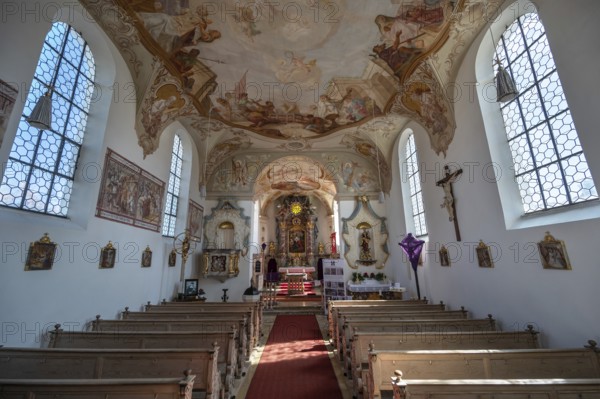 Church interior with ceiling frescoes and altar with Lenten cloth, St Laurentius and Agatha Church,