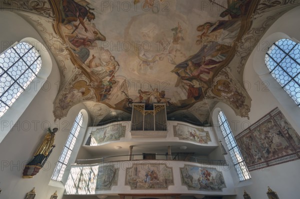Organ loft and ceiling frescoes of St Laurentius and Agatha Church, Frankenhofen, Kaltental,