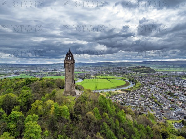 The National Wallace Monument or William Wallance Monument from a drone, Stirling, Scotland,
