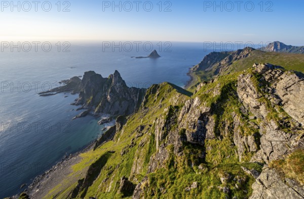 View from the summit of Måtind or Måtinden, view of picturesque coastal landscape, rocky coast and