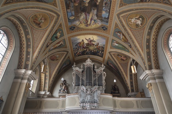 Organ loft of the parish church Mariä Himmelfahrt, Thaur, district Innsbruck, Tyrol, Austria,