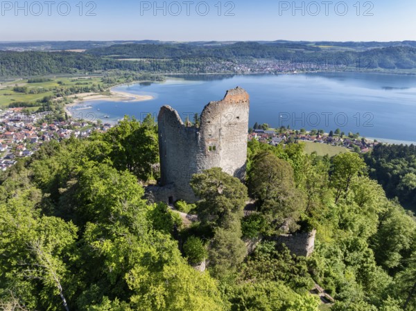 Aerial view of Lake Constance with the ruins of Altbodman, Bodman-Ludwigshafen, district of