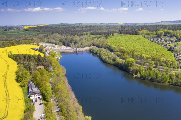 Dam wall and hunting hotel on the lake of the Malter dam, Dippoldiswalde, Erzgebirge, Saxony,
