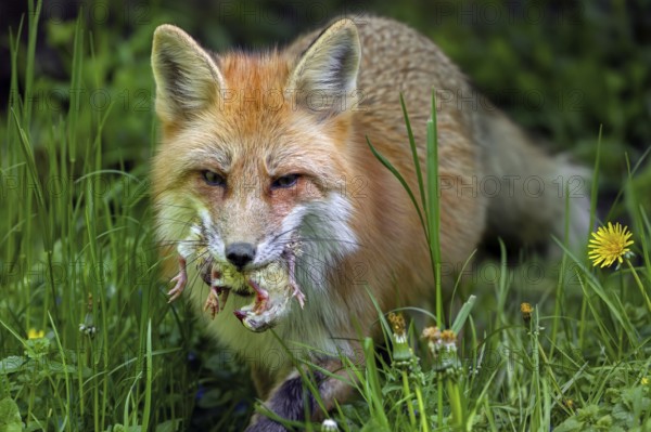 Red fox (Vulpes vulpes) running through meadow with mouthful of chicks after raiding chicken coop