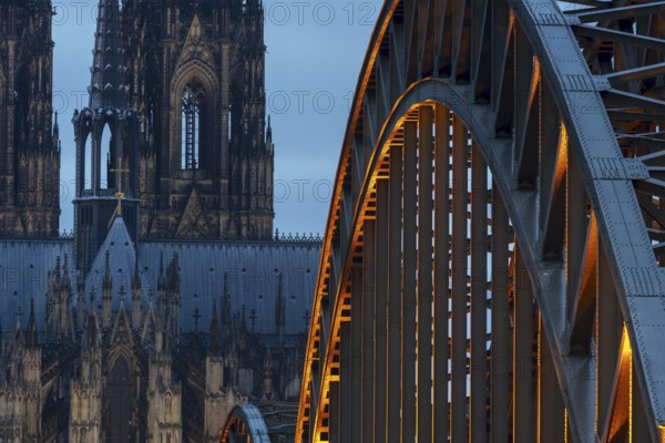 Cologne Cathedral and the Hohenzollern Bridge illuminated with LED lights, Cologne, North