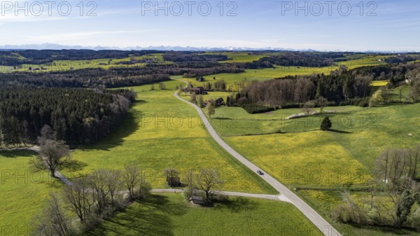 Blooming meadows and forests in the hilly foothills of the Alps near Mindelheim in spring, in the
