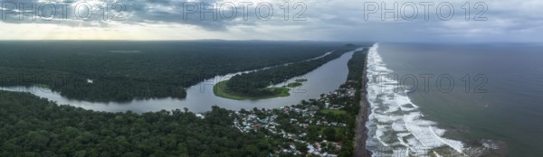 Aerial view, beach and sea, coast with rainforest, Tortuguero National Park, Costa Rica, Central