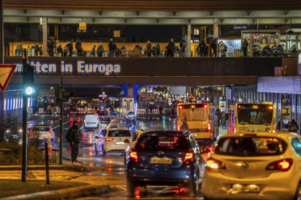 Central station in the city centre of Essen, dense traffic, local train, bus station, local buses,