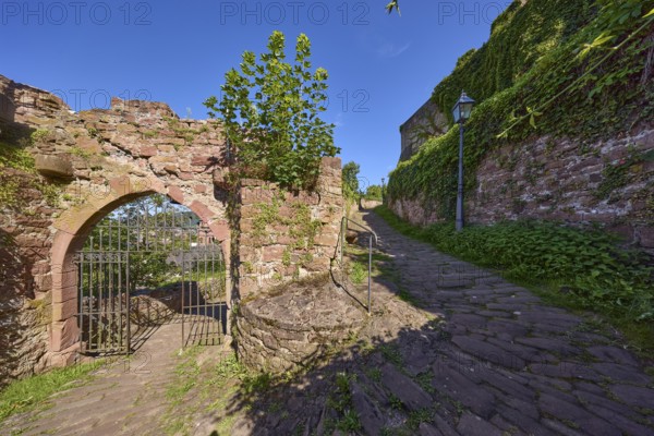 Dilapidated walls and old wrought-iron gate on the Schlossgasse in Miltenberg, Lower Franconia,