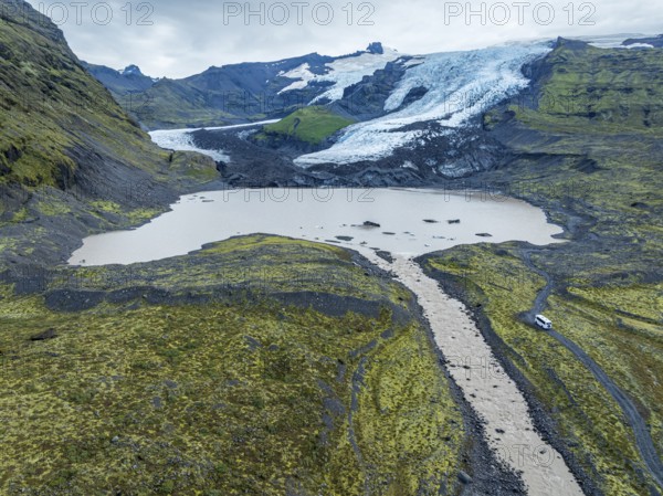 Aerial view of glacier Falljökull, a glacier tongue of Vatnajökull glacier, glacial lake, Iceland,