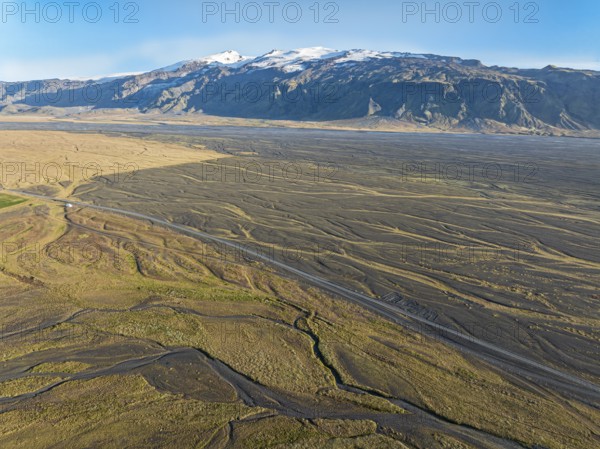 Wide valley of the Markarfljot river, glacier Eyjafjallajökull, Fljotsdalur valley, mountain road
