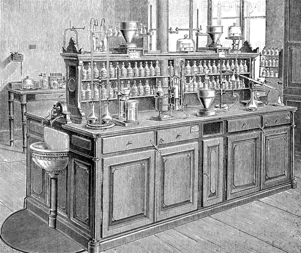 A worktable from the laboratory in Leipzig, Germany, in 1870, historical, digital reproduction of