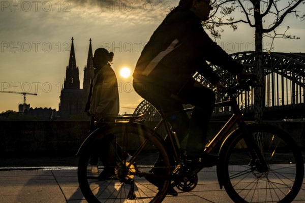 Silhouettes of people in late sunlight, on the Deutz riverbank, right bank of the Rhine, cyclists,