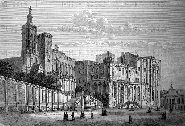 The Palace of the Popes in Avignon, France, in 1883, Historical, digital reproduction of an